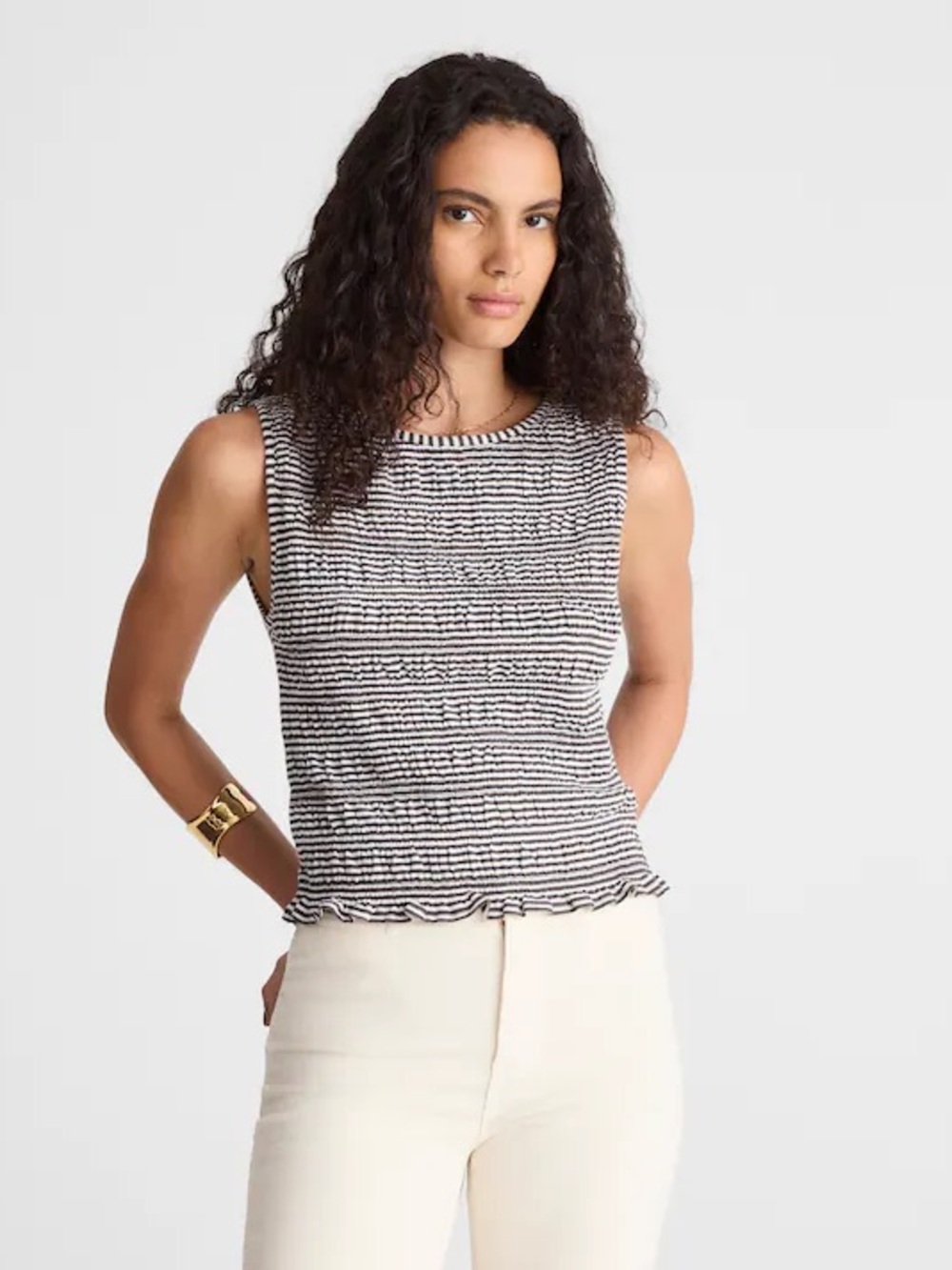 Madewell Smocked Boatneck Tank dark green white striped women's large casual